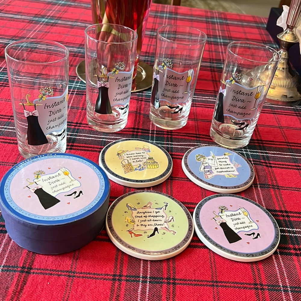 Linda Grayson collection of glasses and coasters